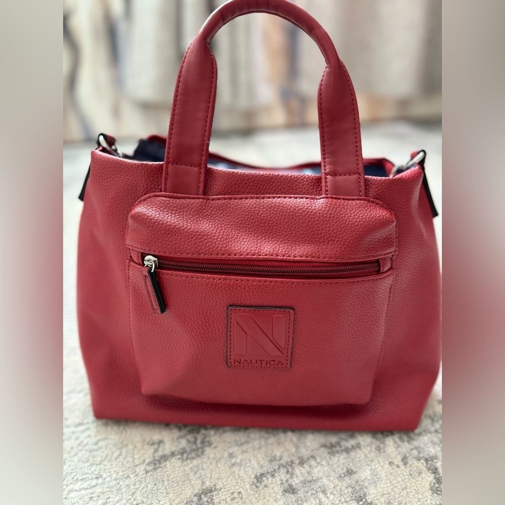 Nautica Red-Burgundy Cabin Fever Med Faux Leather Satchel Silver Tone Hardware
